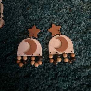 Oversized Carved Wooden Moon Dangle Earrings